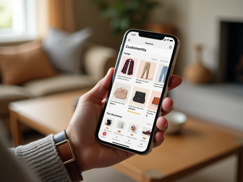 Person holding a smartphone displaying a fashion shopping app with various clothing items.