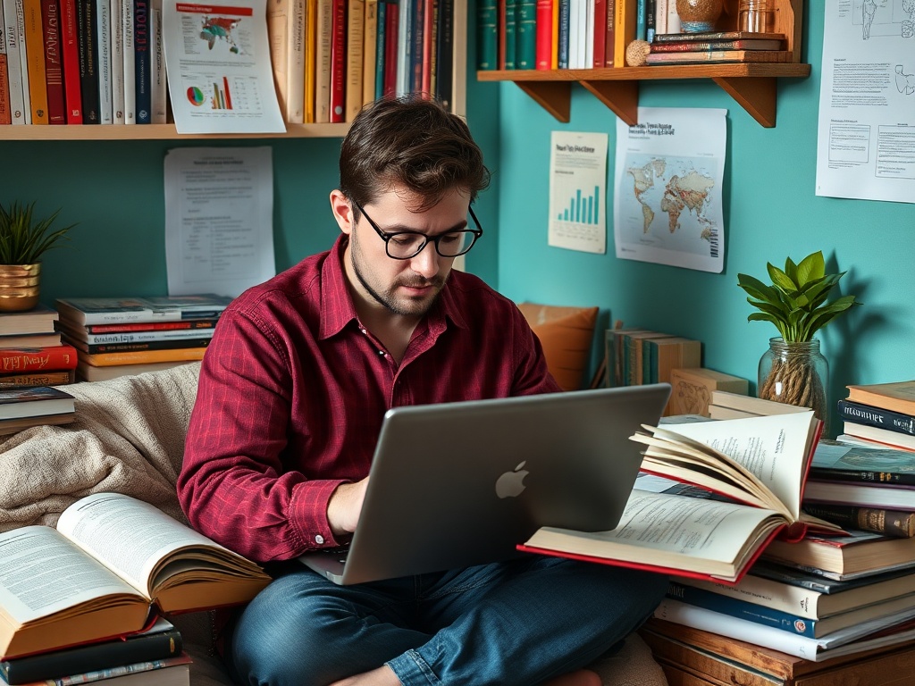 A person sits on a couch surrounded by books, working on a laptop with plants and documents nearby.