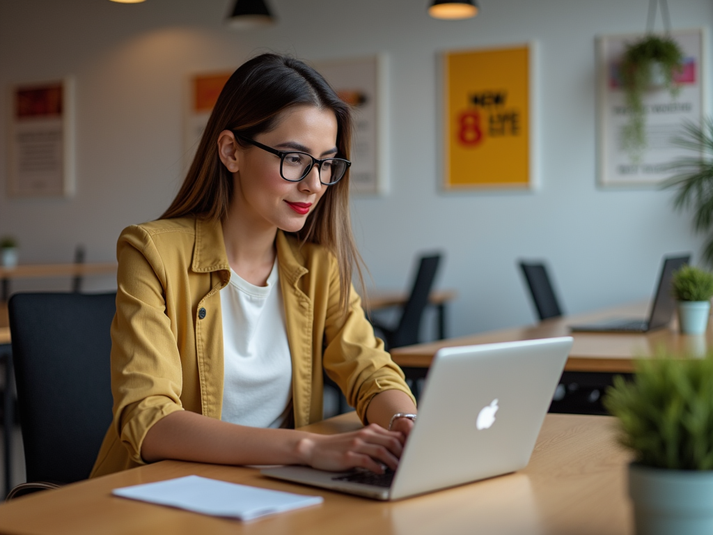 Woman in glasses and yellow jacket working intently on a laptop in a modern office.